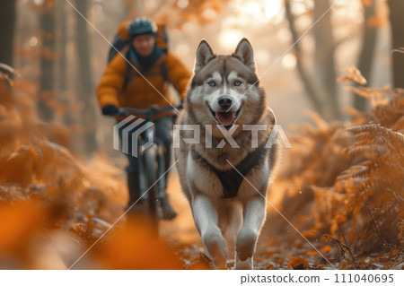 husky dog runs with a cyclist on a touring 111040695