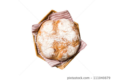 Freshly baked bread on basket isolated on white background. top view bread copy space 111040879