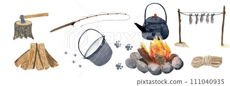 Watercolor camping bonfire wood border isolated on white Watercolor camping bonfire wood border isolated on white 111040935