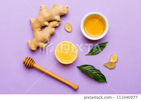 Natural cold and flu home remedies. Natural ingredients for immunity stimulation and viruses protection. top view flat lay Natural cold and flu home remedies. Natural ingredients for immunity stimulation and viruses protection. top view flat lay 111040977