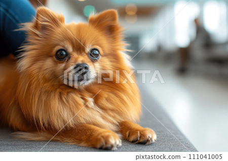 traveling with pets, pomeranian dog at the feet of the owner in the waiting room of an airport or train station 111041005