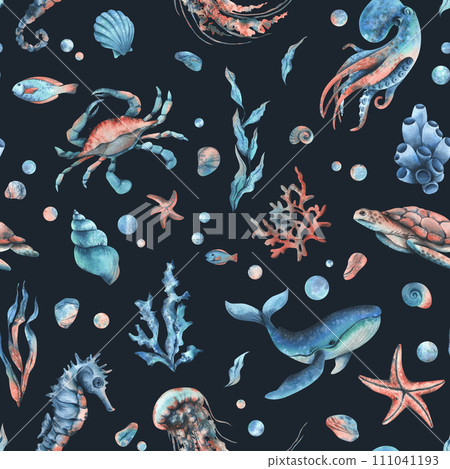 Underwater world clipart with sea animals whale, turtle, octopus, seahorse, starfish, shells, coral and algae. Hand drawn watercolor illustration. Seamless pattern on a dark background. 111041193
