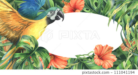 Tropical palm leaves, monstera and flowers of hibiscus, bright juicy with blue-yellow macaw parrot. Hand drawn watercolor botanical illustration. template, frame isolated from the background. Tropical palm leaves, monstera and flowers of hibiscus, bright juicy with blue-yellow macaw parrot. Hand drawn watercolor botanical illustration. template, frame isolated from the background. 111041194