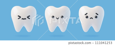 3D realistic white teeth set of different emotions, vector funny cute smile and sad tooth characters, health conditions 3D realistic white teeth set of different emotions, vector funny cute smile and sad tooth characters, health conditions 111041253