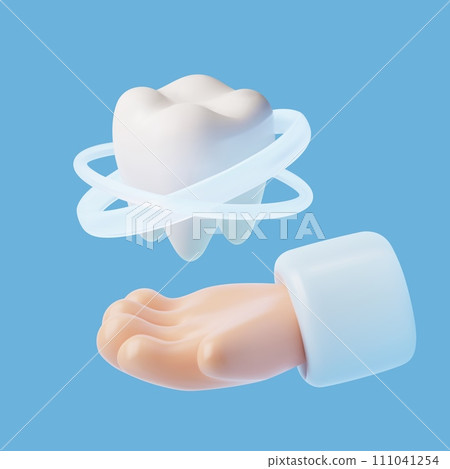 3D white healthy tooth and dentist hand, professional technologies in dentistry and orthodontics, dental care services 3D white healthy tooth and dentist hand, professional technologies in dentistry and orthodontics, dental care services 111041254