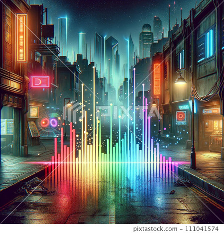 Audio spectrum waveform and cyberpunk-style night scene 111041574