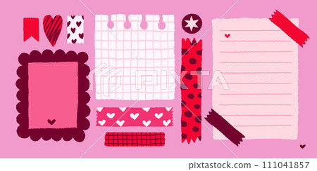 Paper valentine memo notes on stickers. Vector vintage sticky notes and pages with torn edges 111041857