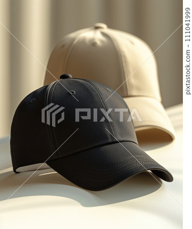 two baseball caps, one in black and the other in a light beige color. two baseball caps, one in black and the other in a light beige color. 111041999