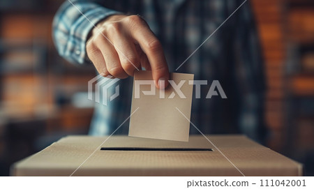 usa elections. male hand dropping paper ballot in voting box.  Genearative AI 111042001