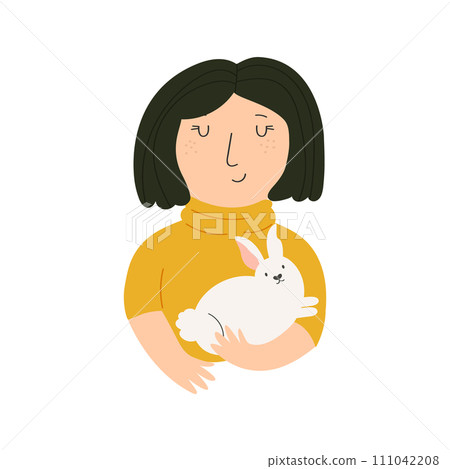 Portrait of a young girl with a funny rabbit. Vector illustration of cute characters 111042208
