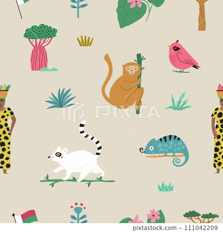 Seamless pattern with animals and symbols of Madagascar island 111042209