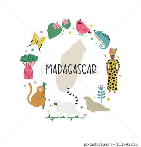 Colorful image, frame art, circle design with animals, landmarks, symbols of Madagascar island 111042210