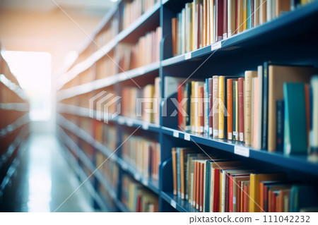 Library shelves with many books stretching into distance towards the light. Education, knowledge and learning concept. Library shelves with many books stretching into distance towards the light. Education, knowledge and learning concept. 111042232