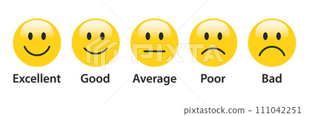 3D Rating Emojis set in yellow color with label. Feedback emoticons collection. Excellent, good, average, poor and bad emojis. Flat icon set of rating and feedback emojis icons in yellow color. 3D Rating Emojis set in yellow color with label. Feedback emoticons collection. Excellent, good, average, poor and bad emojis. Flat icon set of rating and feedback emojis icons in yellow color. 111042251