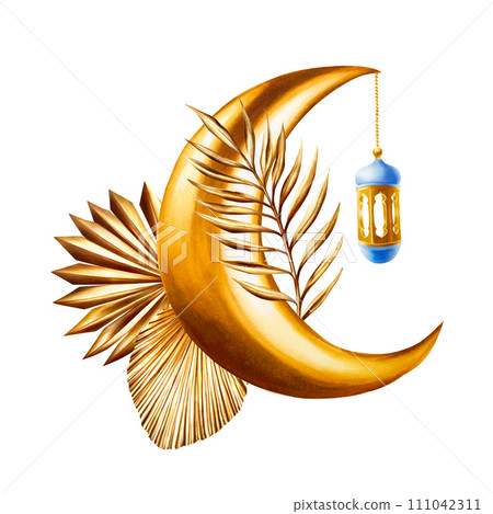 Watercolor illustration of golden pampas grass, date palm branch on Islamic arabian golden crescent moon with lantern in a chain isolated on white background. Muslim hand drawn holiday Ramadan Kareem 111042311