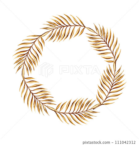 Watercolor golden wreath with date palm branch illustration isolated on background. Botanical frame, template, wedding and Ramadan Kareem or Eid Al Adha 2024 hand drawn decor. For designers, prints, 111042312