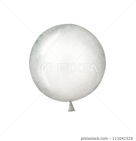 Watercolor silver and gray foil balloon. Hand drawn birthday and party decoration isolated on white background. Shiny element for designers, prints, baby shower, postcards, wrapping paper, holiday, 111042328