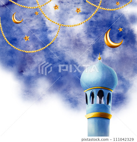 Watercolor Islamic arabian frame with minaret, golden crescent moon, stars on a gold chains illustration isolated on blue splash background. Muslim hand drawn frame holiday Ramadan Kareem or Eid Al 111042329