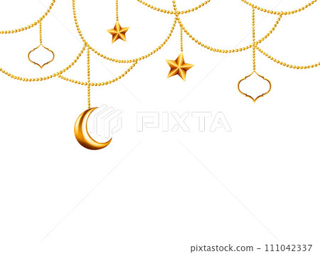 Watercolor Islamic arabian frame with golden crescent moon, stars on a gold chains illustration isolated on white background. Muslim hand drawn holiday Ramadan Kareem or Eid Al Adha 2024 template. For 111042337