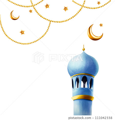 Watercolor Islamic arabian frame with minaret, golden crescent moon, stars on a gold chains illustration isolated on white background. Muslim hand drawn holiday Ramadan Kareem or Eid Al Adha 2024 111042338
