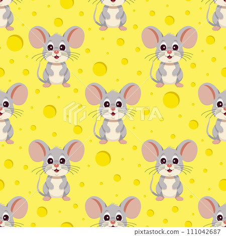 Vector seamless pattern. Cute mice on a background of cheese holes. Cartoon cute mouse. Cheerful background for fabric, children's card, banner. 111042687