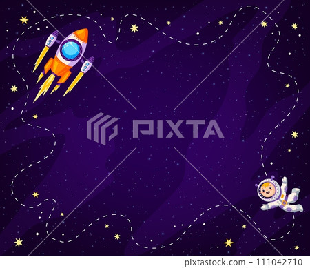 Cartoon kids space background with planets and rocket with trace, vector galaxy landscape. Kid spaceman astronaut and spaceship rocket shuttle launch in frame of starry sky for kid galactic background 111042710