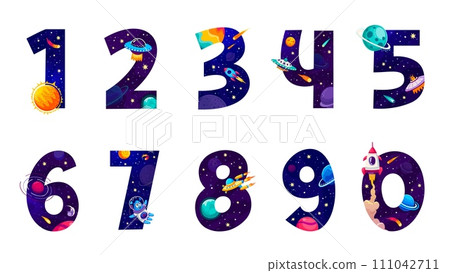 Cartoon galaxy space numbers and funny math game elements, vector numerals. Space font numeric symbols or numbers from 1 to 0 with space rockets, planets and alien UFO or asteroids for kid math game 111042711