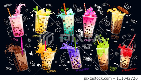 Cartoon milk bubble tea with splash for drinks bar menu, vector beverage cups in doodle chalk on blackboard. Milk bubble tea with fruit or berry flavors, chocolate, candy or strawberry topping splash 111042720