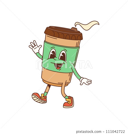 Cartoon groovy coffee cup character with happy face in hippie art or hipster style, isolated vector. Smiling groovy hot coffee cup walking and waving Hello with hands for coffeeshop or t-shirt print 111042722