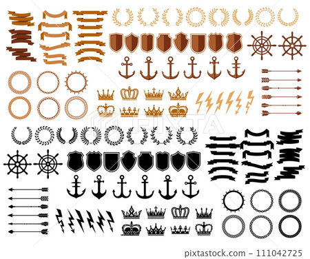 Badge, seal, laurel wreath and vintage crown, arrow, anchor and shield, vector symbols. Marine heraldic elements or sea sailor heraldry icons of ship helm and royal crown for nautical navy yacht club 111042725