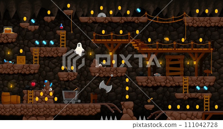 Arcade game dark mine level map interface with game platforms, vector golden coins, gems and traps. Cartoon game level background with underground stone platforms, ghost and crystal gems rewards 111042728
