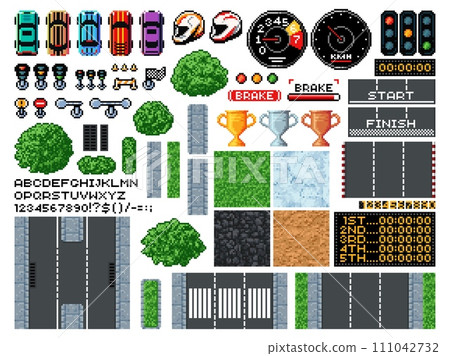 8 bit pixel art race game, top view of racing track, cars and equipment, vector icons. Arcade video game elements of karting car, speed road and traffic signs with racetrack texture and speedometer 111042732