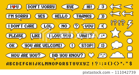 8bit retro pixel speech bubble messages and arrows, like and subscribe, follow, vector pixel font. Chat speech bubbles in 8 bit pixel art, dialog boxes and game talk or message clouds and stars icons 8bit retro pixel speech bubble messages and arrows, like and subscribe, follow, vector pixel font. Chat speech bubbles in 8 bit pixel art, dialog boxes and game talk or message clouds and stars icons 111042739
