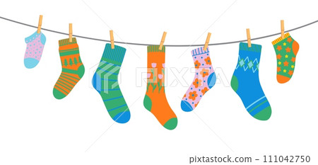 Cotton and wool socks on clothesline, socks on rope with clothespins. Cartoon vector hosiery hang side by side on laundry line. Colorful pairs for kids and adults convey warmth, freshness and texture 111042750