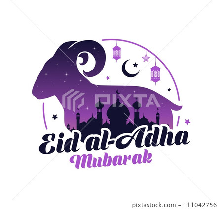 Eid Al Adha Arabian holiday banner with Arabian lanterns, Muslim mosque and sacrificial sheep, vector background. Islam religious Eid al-Adha or Feast of Sacrifice with lamb and crescent moon 111042756