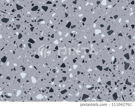 Grey and black terrazo marble stone pattern or terazo mosaic background, vector ceramic tile. terazzo or terrazzo floor texture of broken marble stones and marble pieces with abstract geometric shapes 111042762
