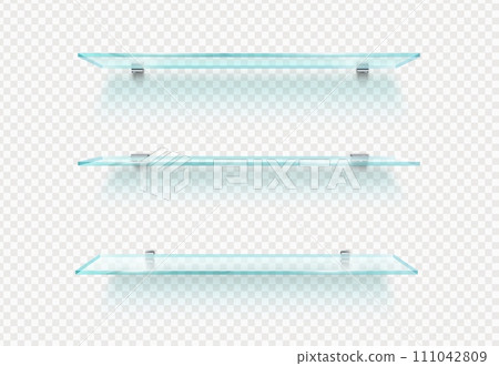 Realistic empty glass shelf. Isolated 3d vector shelves with transparent surfaces offer a minimalist look, creating a sleek and uncluttered space for display or storage for goods, items and production Realistic empty glass shelf. Isolated 3d vector shelves with transparent surfaces offer a minimalist look, creating a sleek and uncluttered space for display or storage for goods, items and production 111042809