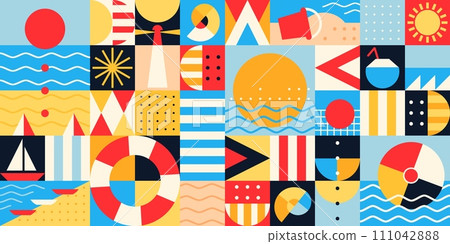 Summer beach vacation Bauhaus modern abstract geometric pattern, vector background. Sun and sea, yacht boat and seashell with buoy and ocean waves with lighthouse in Bauhaus pattern in minimal shapes Summer beach vacation Bauhaus modern abstract geometric pattern, vector background. Sun and sea, yacht boat and seashell with buoy and ocean waves with lighthouse in Bauhaus pattern in minimal shapes 111042888