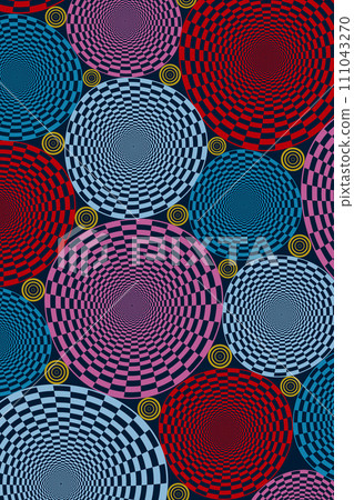 African Print fabric, Ethnic handmade ornament for your design, colorful tribal motifs geometric circle elements. Vector texture, afro textile Ankara fashion style. Pareo wrap dress, art batik  111043270
