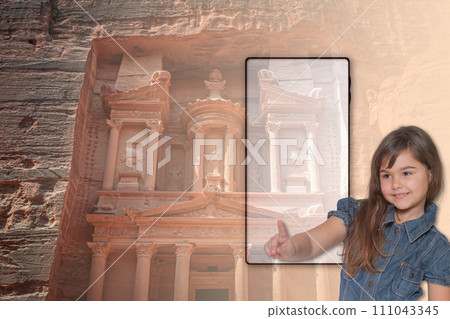 Little tanned girl is ready to travel in Petra. Jordan. 111043345