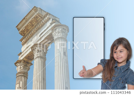 Little tanned girl is ready to travel in Rome. Italy. 111043346