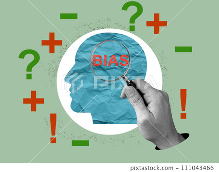 Bias concept. Collage with a hand holding a magnifying glass and a paper head. Bias concept. Collage with a hand holding a magnifying glass and a paper head. 111043466