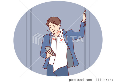 Man with phone with traces of lipstick on dishevel clothes is texting with girl. Vector image 111043475