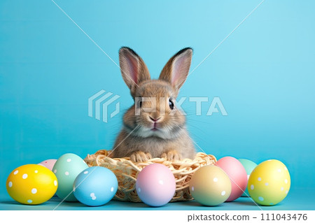 AI-generated content. cute easter bunny in basket with colorful eggs holiday design 111043476