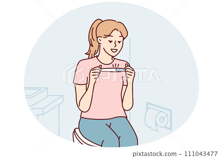 Positive woman sitting in toilet happily looking at pregnancy test result. Vector image 111043477
