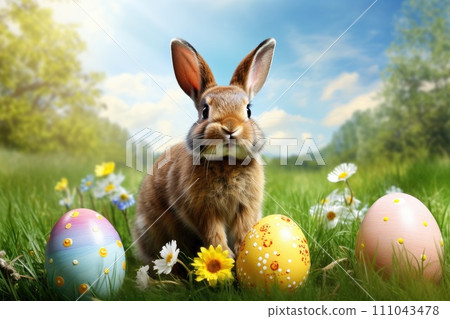 AI-generated content. cute easter bunny and colorful eggs holiday design AI-generated content. cute easter bunny and colorful eggs holiday design 111043478