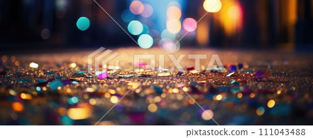AI-generated content. colorful confetti fallen on the street at carnival blurred background banner 111043488