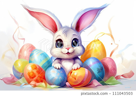 AI-generated content. cute easter bunny and colorful eggs holiday design illustration 111043503
