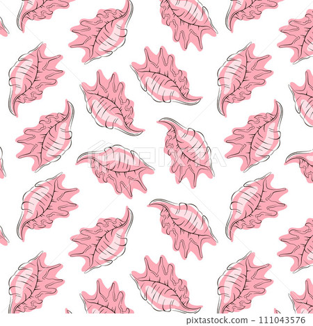 Seashell seamless pattern in line art style with pink color. Undersea repeat texture background. Summer ocean beach design for textile fabric design. Vector illustration on a white background. 111043576