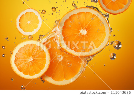 AI-generated content. Antioxidant Vitamin C concept, orange slices in liquid with purples and splashes. Refreshing summer fresh, citrus splashes 111043686